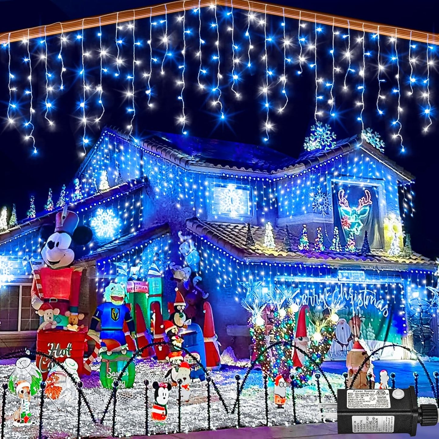 33ft Icicle Lights for Outside, Blue and White Christmas Lights Outdoor Indoor, 400 LED Twinkle String Light with 75 Drops Short Curtain Light for Thanksgiving Room Home Wall Bedroom Window Decoration
