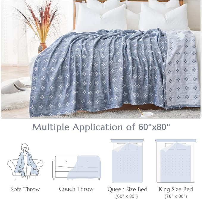 jinchan Boho 100% Cotton Blanket Muslin Twin Size 60x80 Inches Lightweight 3-Layer Geometric Cross Pattern Reversible Quilt Coverlet Throw Soft Breathable Comfy All Seasons for Couch Bed Decor, Blue