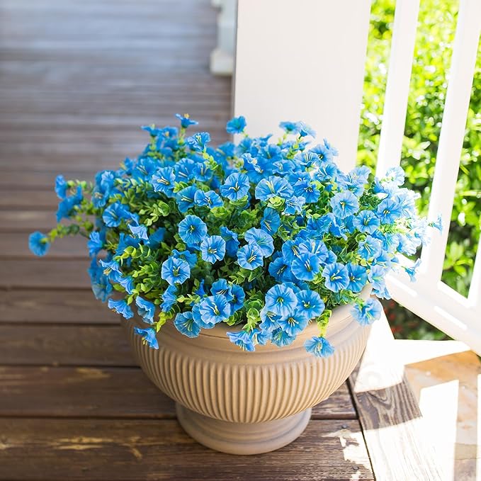 HyeFlora Artificial Fake Outdoor Flowers Plants for Spring Summer Decor, 12 Bundles Outside Silk Blue Morning Glory UV Resistant Look Real Faux Flowers for Front Door Patio Porch Yard Window Balcony