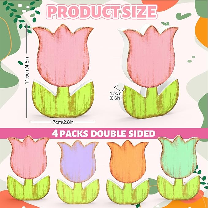 Whaline 4 Pcs Spring Tulip Flower Wooden Table Sign Tabletop Centerpiece Rustic Pastel Colorful Floral Tiered Tray Decor for Party Home Farmhouse Decoration