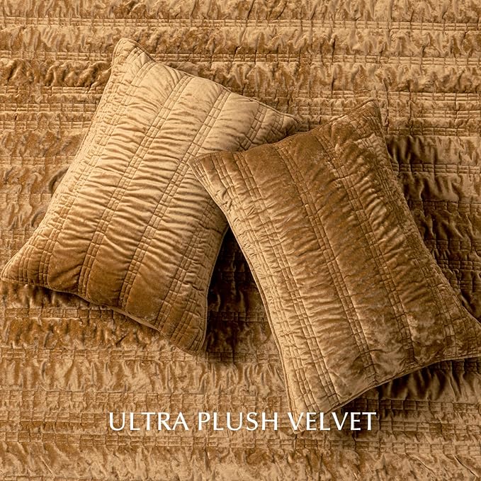 EVERGRACE Luxury Ruched Velvet Quilt Queen Size, Ultra Soft Bedspread Coverlet Set, Lightweight Velvet Comforter, Quilted Bedding Cover with 2 Matching Shams for All Season, Gold Yellow | Luxe Velvet