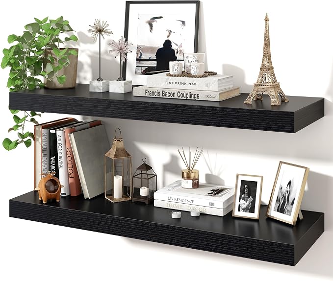 Axeman 32Inch Floating Shelves for Wall, 2 Pack Shelves for Bedroom, Bathroom, Kitchen, Hanging Wall Mounted Rustic Wood Shelf with Invisible Brackets for Books Decor, Black