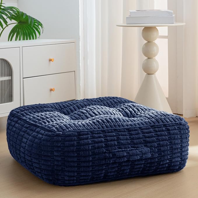 HIGOGOGO 8" Floor Pillow Cushion for Adults, Meditation Cushion Pillow, Blended Corduroy Cover, Large Square Floor Sitting for Tatami Living Room or Yoga, 22x22 Inch, Navy