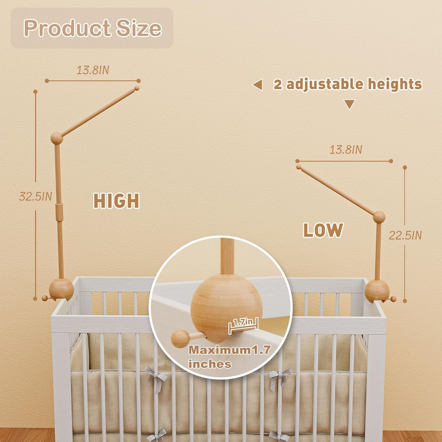 Baby Crib Mobile Arm,32.5 Inch Crib Mobile Stand,Wooden Mobile Arm for Crib（2 Modes, 360°Adjustable,100% Beech Wood Boy Girl Mobile Holder for Crib Nursery Decor Baby Mobile Hanger