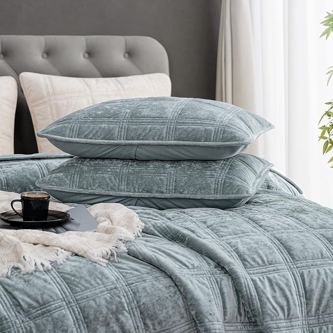 PHF Ultra Soft Velvet Quilt Set Twin Size – 2PCS Luxurious Cozy Quilted Comforter Alternative with Diamond Pattern, Warm Quilted Bedspread Coverlet, 68" x 92", Dusty Blue