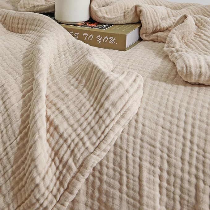 David's Home Soft Muslin Blanket Throw Size for Adults, 60% Rayon 40% Cotton, Breathable Lightweight Cooiling Blanket for Hot Sleepers, 4-Layer Cozy Gauze for Bed, 50"x60", Light Tan/Oat Milk