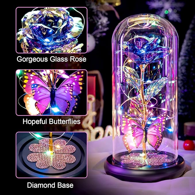 Mothers Day Mom Gifts for Mom Women Birthday Gift Galaxy Glass Rose in Glass Dome Forever Eternal Crystal Flowers with Butterfly Mother's Day Flower Gifts for Women Wife Grandma Daughter Sister Purple