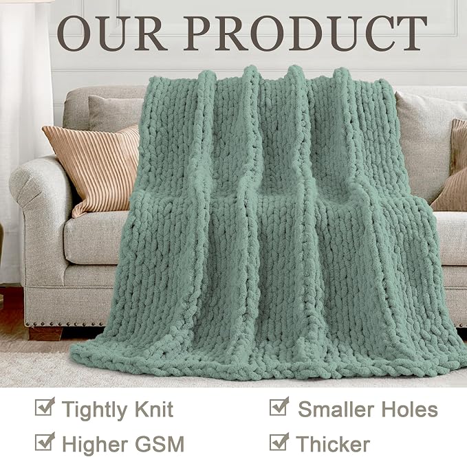 Chunky Knit Throw Blanket 50x60, 100% Handmade Chenille Yarn | 4.4lbs Soft Thick Cable Knitted Blankets, Large Rope Knot Crochet Throws for Couch Sofa Bed Machine Washable, Sage Green
