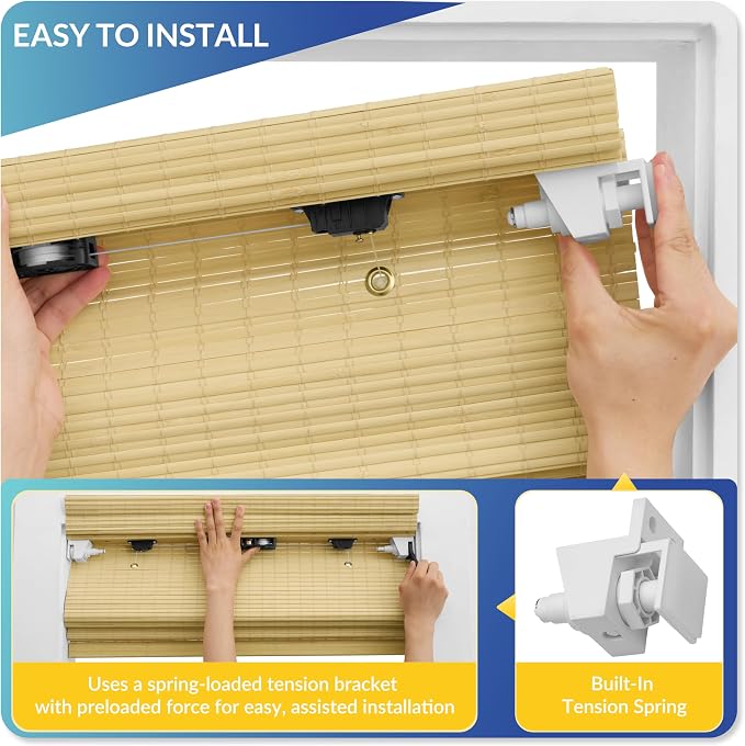 No Drill No Tools Bamboo Roman Shades, Cordless Light Filtering Window Blinds with Valance, Natural Woven Wood Shades for Living Room Dining Room, Privacy Beige, 36" W x 48" H