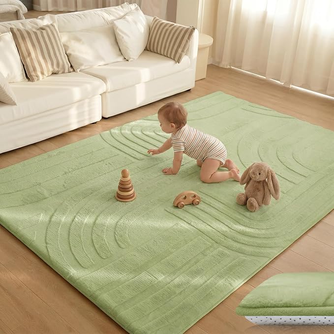 1.3" Thick Fluffy Baby Play Mat for Floor,Elasti Foam Padded Area Rug for Living Room Bedroom,Ultra Soft 3D Carved Kids Rug,Non-Slip Nursery Crawling Mat for Toddlers,4’x6’ Playroom Carpet(Sage Green)