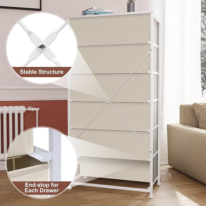 Crestlive Products Dresser for Bedroom with 6 Drawers, Tall Chest of Drawers, Fabric Dressers Bedroom Furniture, Storage Organizer Unit with Bins for Closet, Hallway, Living Room, Entryway(Beige)