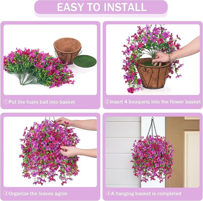 INXUGAO Artificial Hanging Flowers Plants with Basket for Outdoors, Realistic Faux Silk Daisy Flower Eucalyptus for Spring Decor, UV Resistant Fake Plants for Porch Patio Yard Balcony, Purple Violet