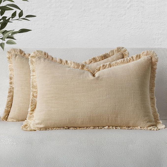 MIULEE Decorative Lumbar Throw Pillow Covers Neutral Linen Fringe Throw Pillows Set of 2 Beige Boho Farmhouse Cushion Covers with Tassels for Couch Sofa Bed Living Room Spring Home Decor 12x20 Inch