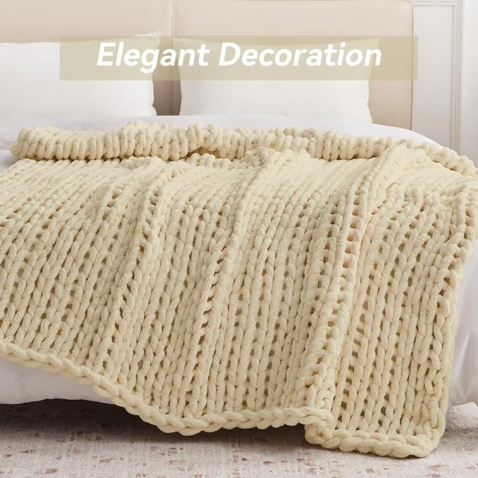 Negwoo Chunky Knit Throw Blanket, 50''*60'' Knitted Throw Chenille Yarn for Bed Couch, Handmade Oatmeal Crochet Big Thick Blanket, Machine Washable Cute Comfy Blanket for Home Decor