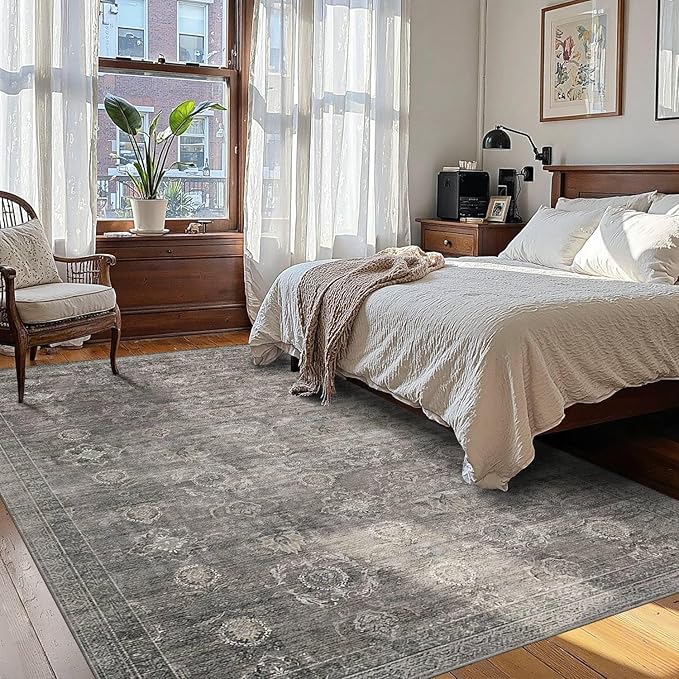 Rugxara Area Rugs 5x7 for Living Room Bedroom, Grey Washable Rug, Vintage Retro Boho Rug, Non Slip & Low Pile Faux Wool Thin Carpet for Indoor Dining Room, Dorm and Kids Room(Taupe/Grey 5x7ft)