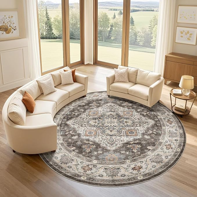 Round Rug Living Room Rugs: 8x8 Washable Boho Neutral Large Circle Soft Indoor Floral Stain Resistant Floor Farmhouse Carpet for Bedroom Nursery Kids Playroom Office Dining Room Dorm- Grey Brown