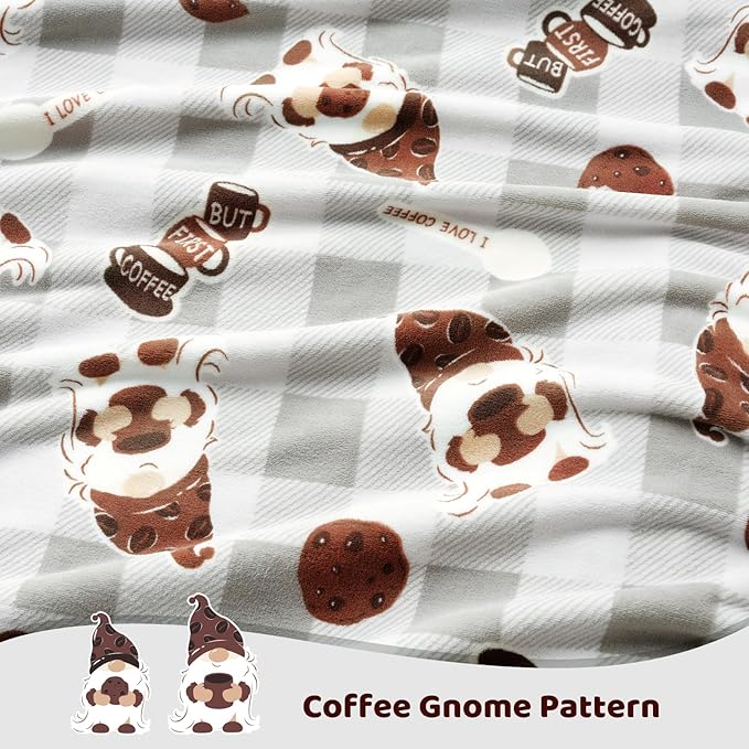 Cozy Bliss Gnome Coffee Throw Blanket - Warm MilkyPlush Throw Blankets,Ultra Soft Cozy Blankets for Couch,Sofa and Bed,Grey,60X80inches