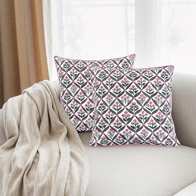 Ridhi Block Print Pink and White Pillow Cover 20" x 20" (Pack of 2) Decorative Couch Pillows for Living Room, Chic Boho Cute Outdoor Pillows Covers Gifts for Spring, Easter and Valentine