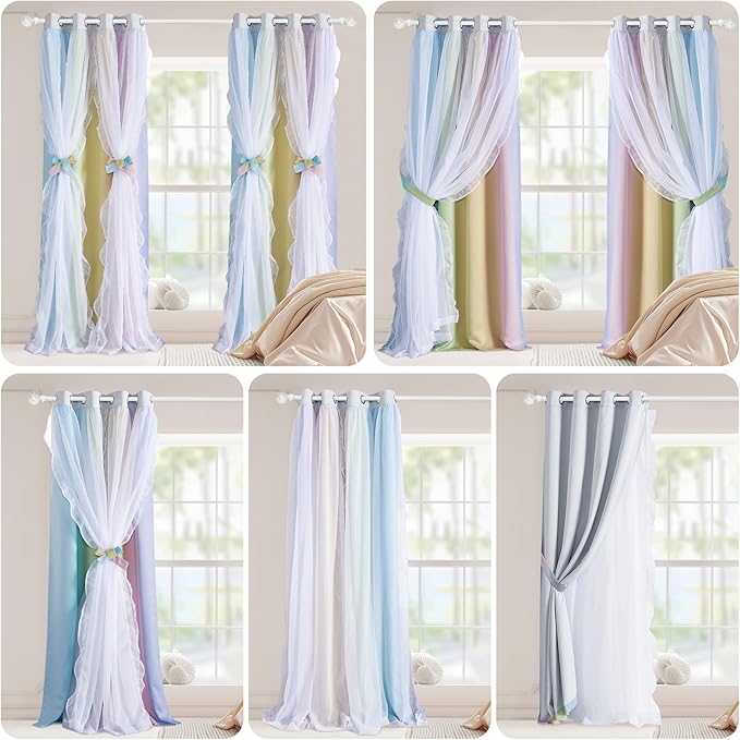 PONY DANCE Girls Curtains for Bedroom Decorative Drapes, Gradient Double Layer Curtain Ruffle Sheer Overlay Room Darkening Pretty Chic Princess, 52x84 inch, Rainbow, 2 PCs