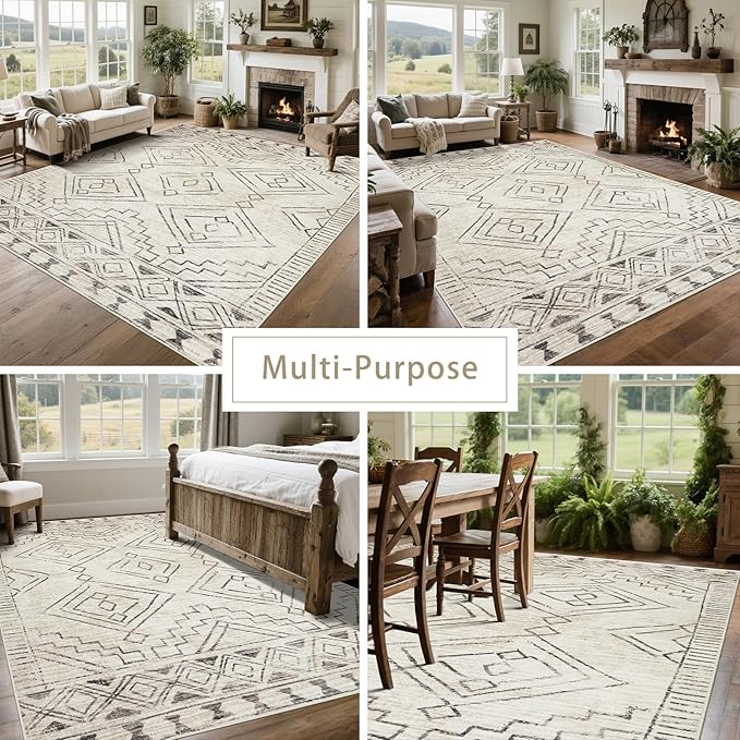 Srugn Washable Rugs 8x10 Area Rugs for Living Room,Bedroom,Dining Room- Large Ultra Soft Faux Wool Retro Carpet,Non Slip&Non-Shedding Low Pile Morocco Rug for Farmhouse Home Office Dorm(Beige-Brown)