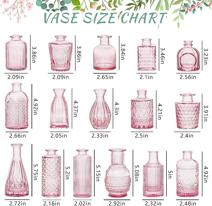 SUPMIND Glass Bud Vase Set of 16, Small Pink Flower Vases for Table Centerpieces in Bulk, Cute Mini Vintage Vase for Wedding, Home Decor, Table Decoration