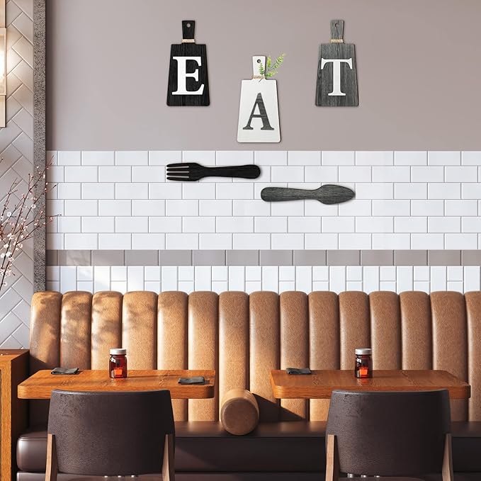 Jetec Cutting Board Eat Sign Set Hanging Art Kitchen Eat Sign Farmhouse Fork and Spoon Wall Decor Rustic Primitive Country Kitchen Decor for Home over Cabinet Decoration(Black, White, Gray)