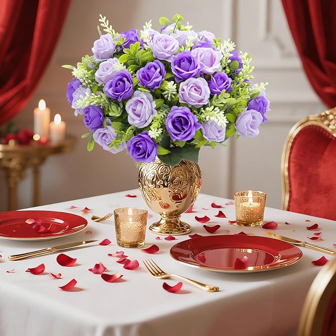 TURNMEON 40 Heads Fake Roses Artificial Flowers for Outdoors, 4 Bouquets UV Resistant Fake Flower Bouquet Faux Silk Roses for Wedding Birthday Party Home Mother's Day Cemetery Summer Decor(Purple)