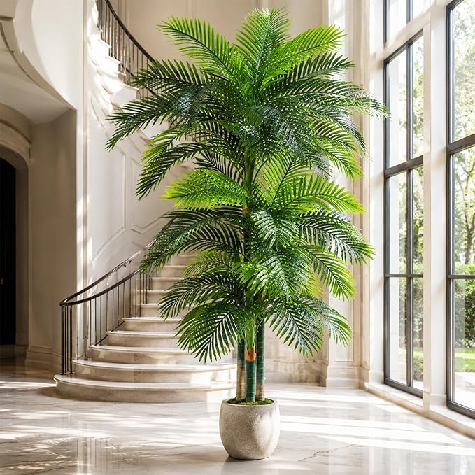 10ft Tall Triple Golden Cane Palm Artificial Tree Large Tropical Palm Tree UV Resistant Fake Plant in Pot for Indoor Outdoor Big House Living Room Outside Patio Office Home Decor 1Pack