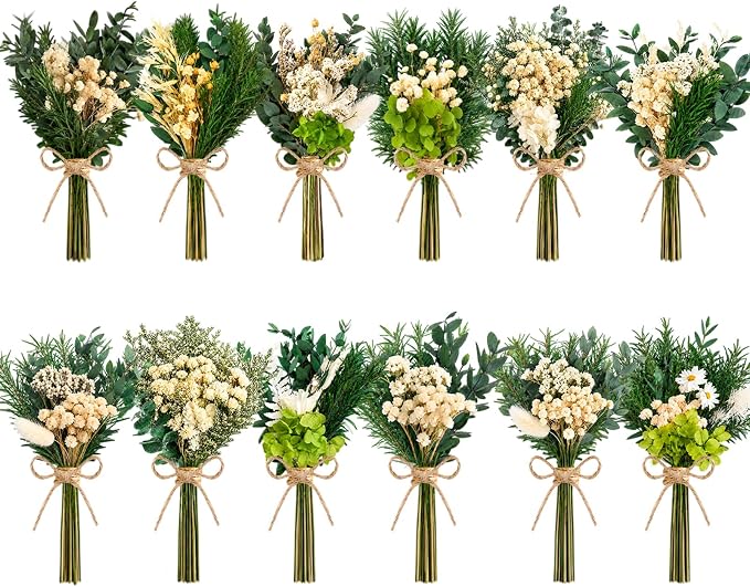 12/24PCS Handmade Dried Flower Bouquet with Stems Natural Dried Wildflowers 7.5 Inch Mini Dry Flowers for Vase Farmhouse Decor, Wedding Styling, Photography Props, Gift DIY(12pcs, Eucalyptus)