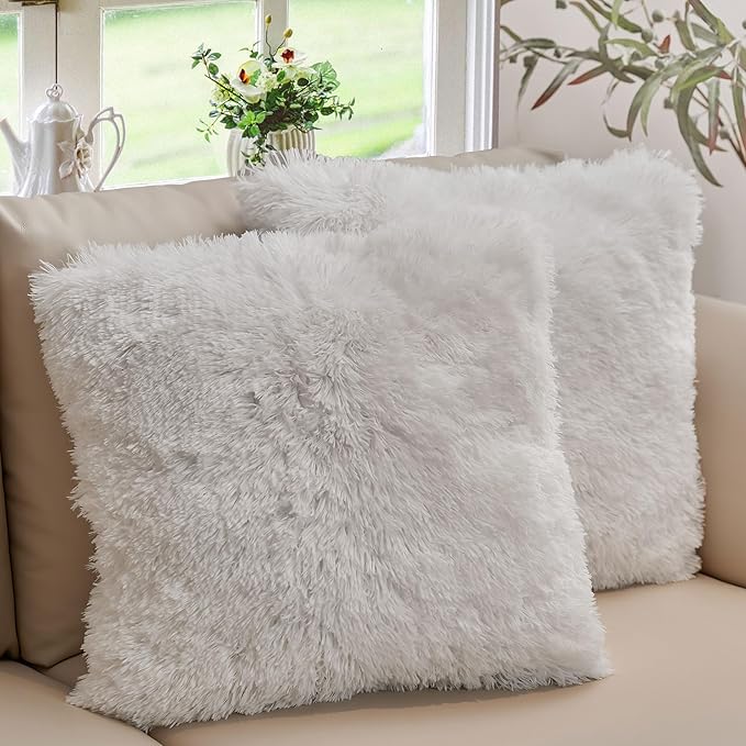 Cheer Collection Throw Pillows for Couch and Bed, Soft Shaggy Throw Pillows with Inserts Included, Cozy Long Hair Faux Fur Pillows - Set of 2-22" x 22" White