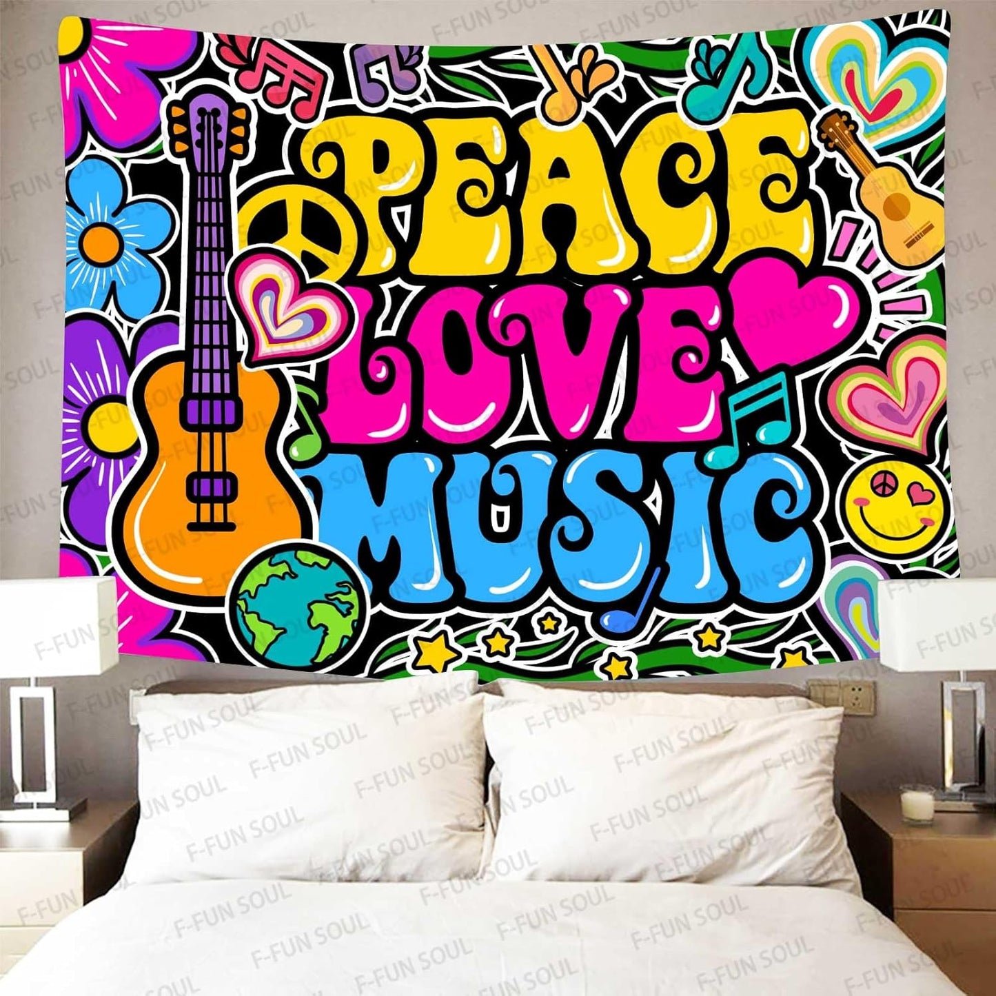 F-FUN SOUL Peace Love and Music Tapestry, 40x30inches Soft Flannel, Guitar Symbol Dove Flowers Psychedelic Art Tapestries Wall Hanging for Bedroom Living Room Decor Banner