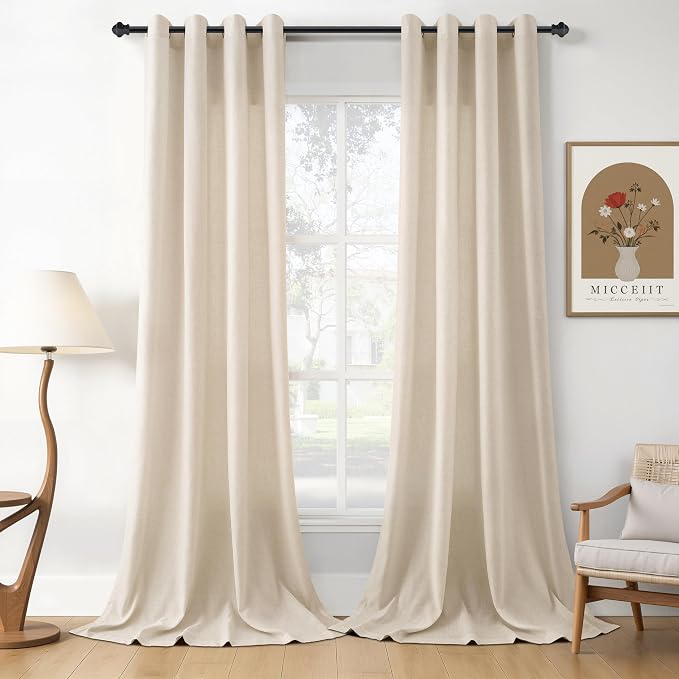 Birch Beige Linen Curtains 102 Inches Long for Living Room Floor to Ceiling Curtain Extra Long Light Filtering Privacy Grommet Top Drapes Modern Farmhouse Curtain for Bedroom 52x102, 2 Panels