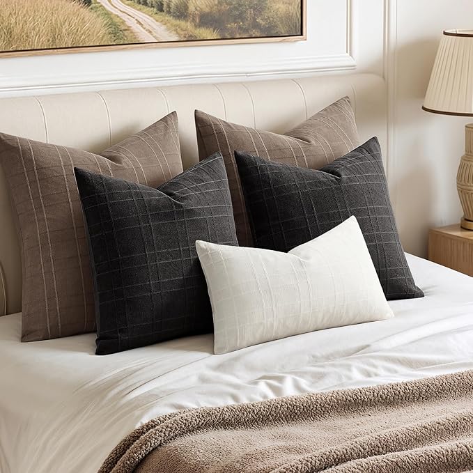 MIULEE Decorative Linen Check Throw Pillow Covers Neutral Farmhouse Vintage Pillow Covers 18x18 Set of 2 Boho Modern Winter Home Decor for Sofa Couch Bedroom Cushion Brown