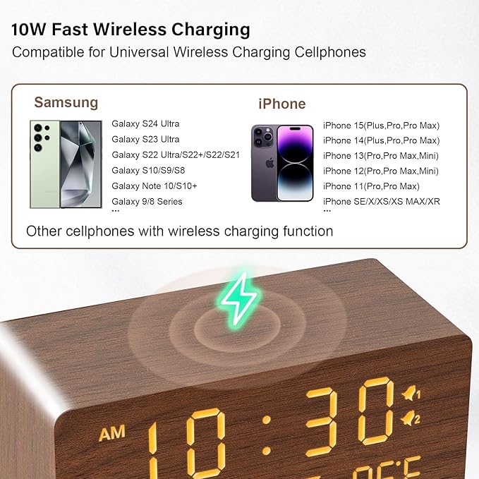 Andoolex Wooden Digital Alarm Clock with Wireless Charging, 0-100% Adjustable Brightness Dimmer and Alarm Volume, Weekday/Weekend Mode, Dual Alarm, Snooze, 12/24H, Wood LED Clock for Bedroom (Brown)