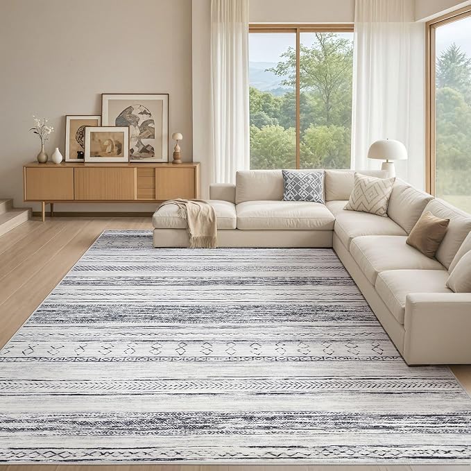 Tortania Area Rug Living Room Rugs - 10x14 Washable Large Soft Neutral Boho Moroccan Bohemian Farmhouse Rug Indoor Floor Carpet for Bedroom Under Dining Table Home Office Decor - Grey