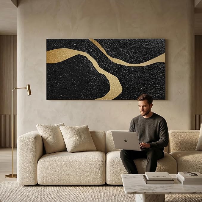 Large Horizontal Abstract Black & Gold Canvas Wall Art, Modern Wall Decor | Neutral Oil Textured Painting, Minimalist Contemporary Artwork for Living Room Bedroom Office Hallway Dining Room, 24x48 In