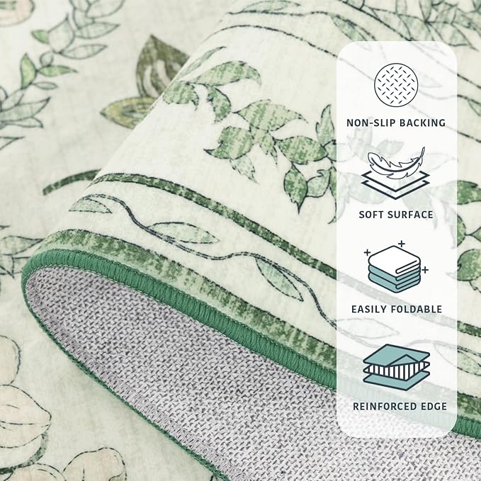LIANLAM Checkered Rug 10x14 Area Rugs for Living Room - Stain Resistant & Non-Slip Backing Vintage Boho Floral Design Rug for Bedroom,Durable & Ultra-Thin Large Washable Area Rug(10x14,Green)