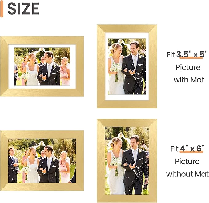 upsimples 4x6 Picture Frame, Display Pictures 3.5x5 with Mat or 4 x 6 Without, Wall Hanging Photo Frames, Gold, 1 Pack