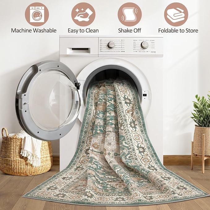 Green Rug Living Room Rugs: 8x10 Washable Boho Large Vintage Soft Stain Resistant Farmhouse Oriental Non Slip Indoor Floor Carpet for Bedroom Nursery Kids Playroom Office Dining Room Home Decor