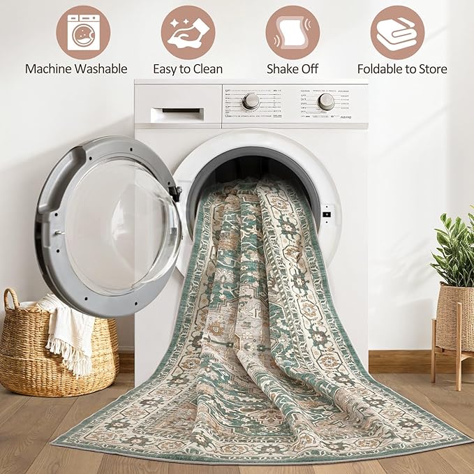 Green Rug Living Room Rugs: 10x14 Washable Boho Large Vintage Soft Stain Resistant Farmhouse Oriental Non Slip Indoor Floor Carpet for Bedroom Nursery Kids Playroom Office Dining Room Home Decor
