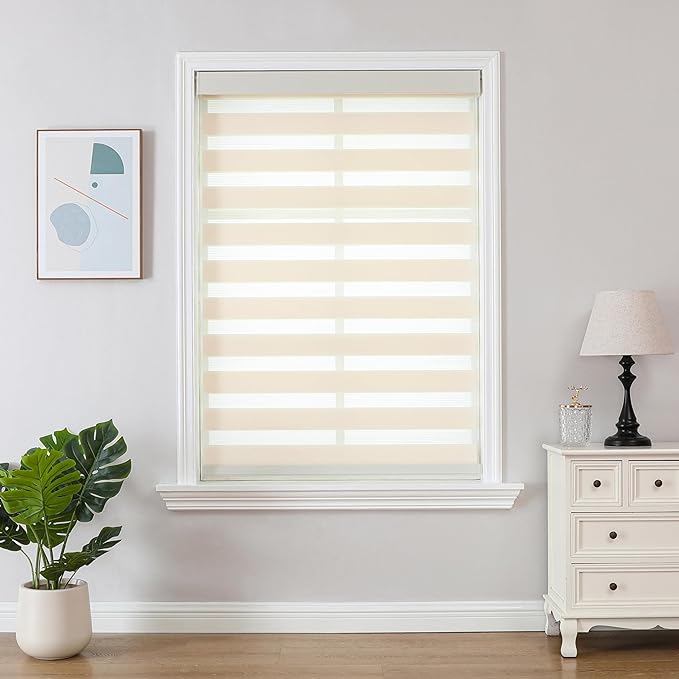 Joydeco Cordless Zebra Blinds (Pro), Dual Layer Light Control Zebra Blinds for Windows, Light-Proof Aluminum Cover, Free-Stop Roller Shades for Home & Office (Beige, 51" W x 75" H)