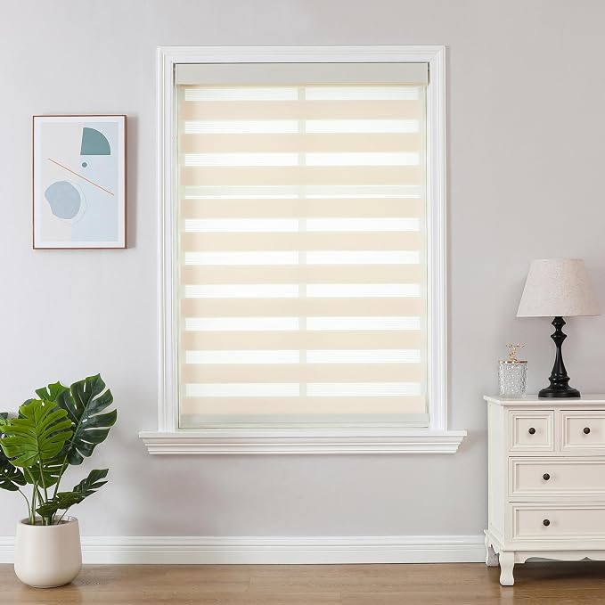 Joydeco Cordless Zebra Blinds (Pro), Dual Layer Light Control Zebra Blinds for Windows, Light-Proof Aluminum Cover, Free-Stop Roller Shades for Home & Office (Beige, 40" W x 75" H)