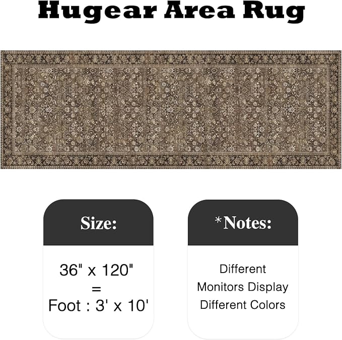 HUGEAR 3x10 Runner Rug Machine Washable Brown Hallway Area Rug Indoor Accent Rug Floral Low Pile Carpet Soft Throw Rug Bedroom Living Room Office Dining Room Kitchen Laundry Room Non Slip