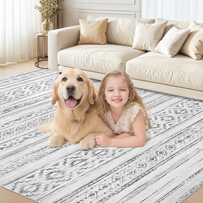 cotiled 10x14 Area Rug Living Room: Washable Boho Rugs with Non Slip Backing Large Soft Indoor Stain Resistant Carpet for Bedroom Farmhouse Dining Room Lightweight Home Decor Cream Grey