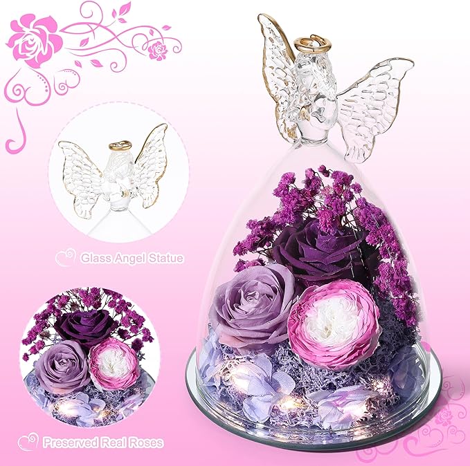 Mothers Day Rose Gifts for Women Preserved Real Flower in Glass Angel Figurines Roses for Delivery Prime Birthday Gifts for Mom Grandma Girlfriend Wife Her, Colorful Purple