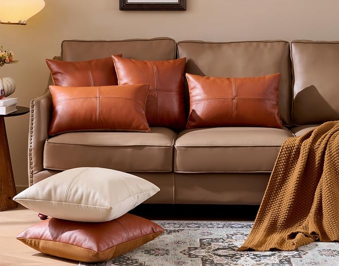 Full Grain Leather Lumbar Pillow Cover (14" x 22") (Brownish Orange) | Cowhide Sofa Cushion Case Thick Genuine Leather Throw Pillow for Living Room Bedroom and Home Office, Pack of 1, Cover Only