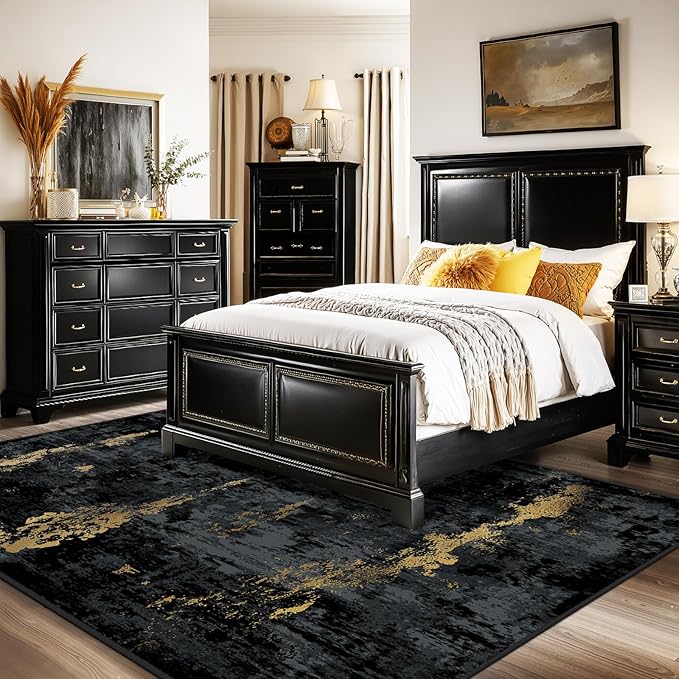 RELEANY Washable Area Rugs 5'x8' Non-Slip Modern Abstract Soft for Living Room Entryway Bedroom Nursery, Print Pattern, Dark Black Gold