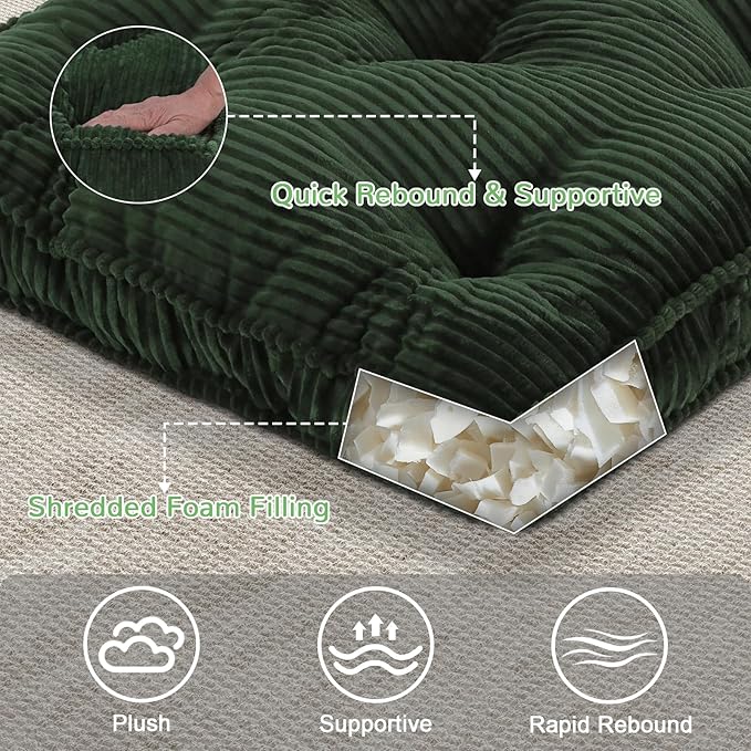 Meditation Floor Cushion Set of 2, 24x24 Tufted Floor Pillow for Adults, Square Large Meditation Cushion Pillow, Green Corduroy Sitting Pillow with Handle, Yoga Seating for Tatami