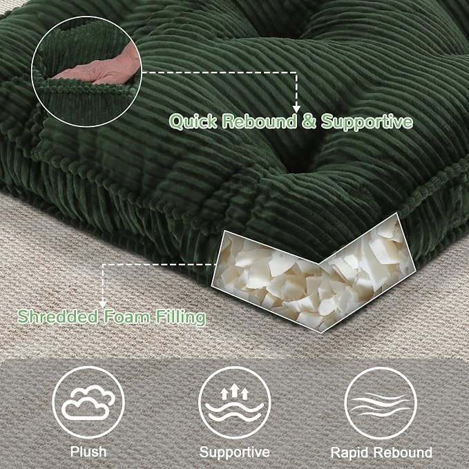 Meditation Floor Cushion, 22x22 Tufted Floor Pillow for Adults, Square Large Meditation Cushion Pillow, Green Corduroy Sitting with Handle, Yoga Seating for Tatami, 1Pack
