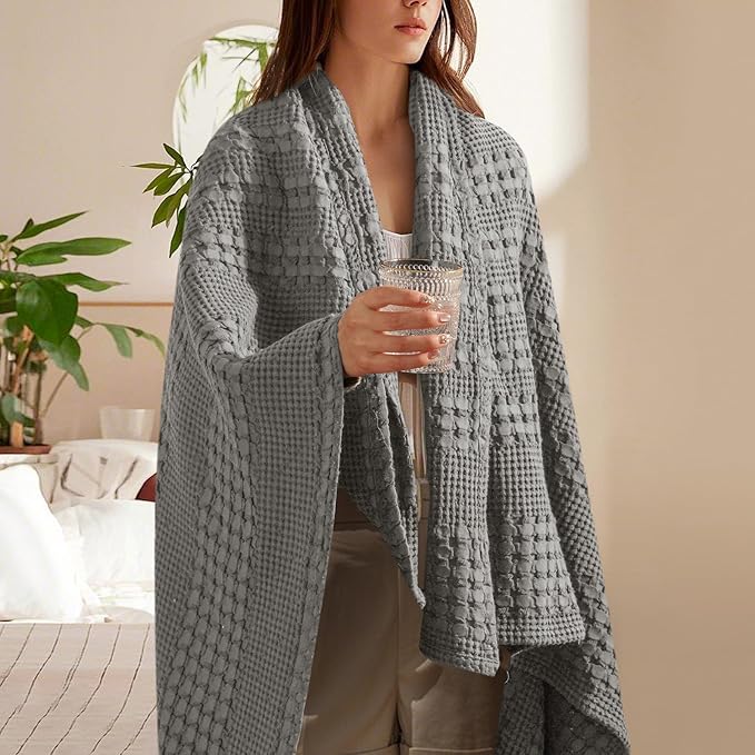 PHF 100% Cotton Waffle Throw Blanket for Couch, Lightweight Breathable and Soft for Summer, Luxury Aesthetic Waffle Weave Blanket for Home Decor & Office, Gifts for Women, 50"x60", Dark Grey